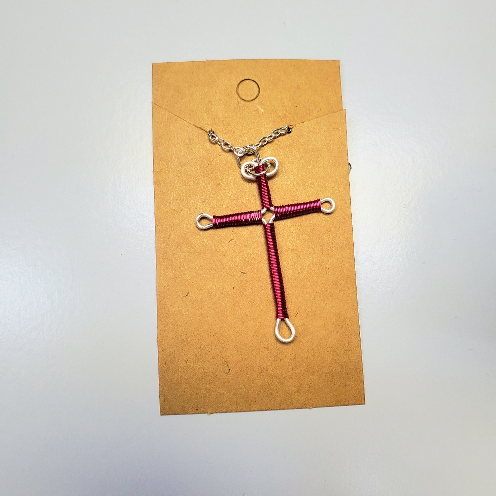 Hot Pink wire wrap cross handmade necklace